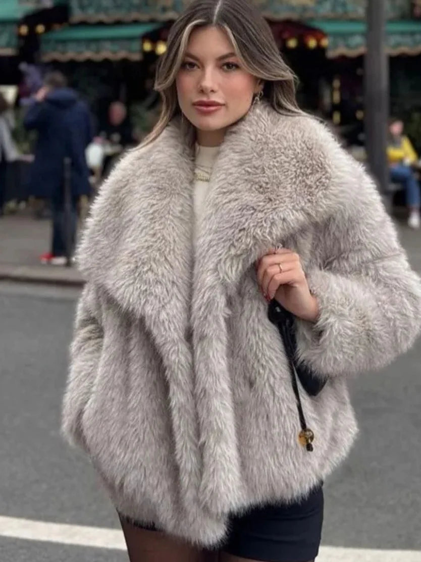 Cozy Chic Winter Plush Coat - Fashionable Thick Lapel Outwear for Women